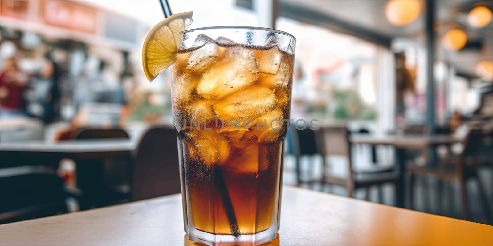 Coke glass with ice and lemon on a table in a cafe