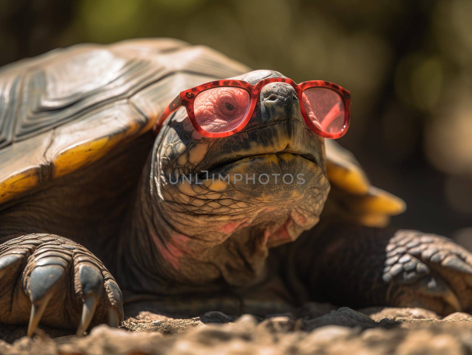 Funny Big Turtle In Cool Pink Glasses In Close-Up