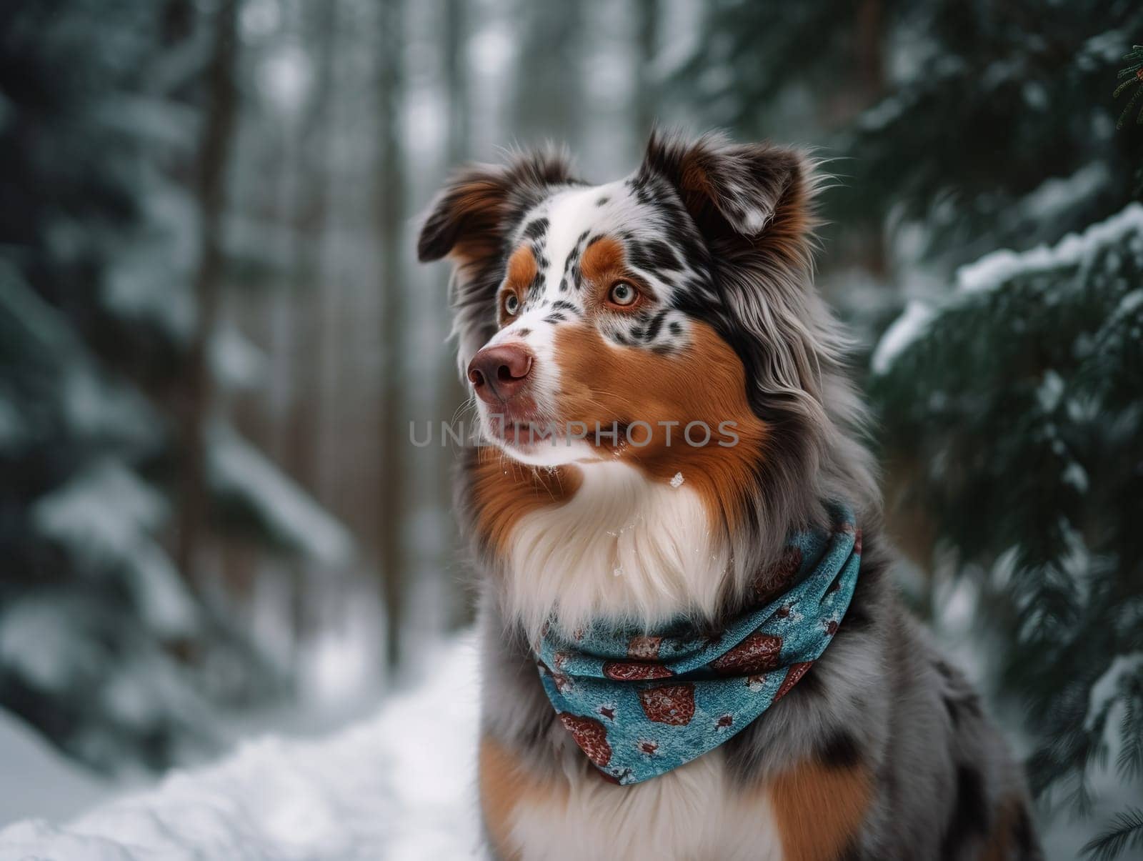 Sweet Dog Sits In Winter Forest Wearing Scarf