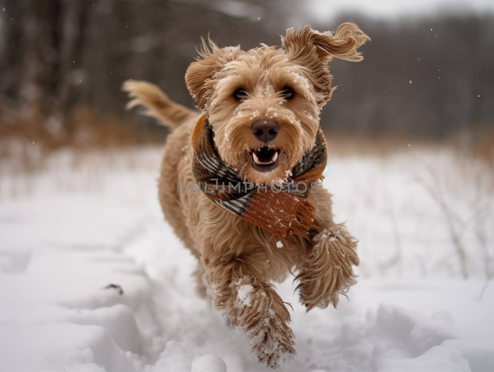 Cheerful Dog Runs Through Snowy Forest
