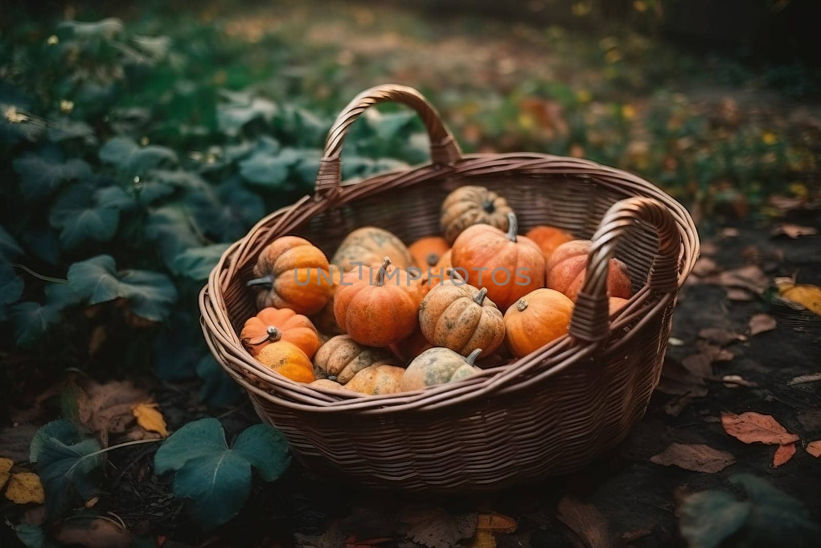 Close-Up View Of A Basket Of Pumpkins Under A Tree In The Forest