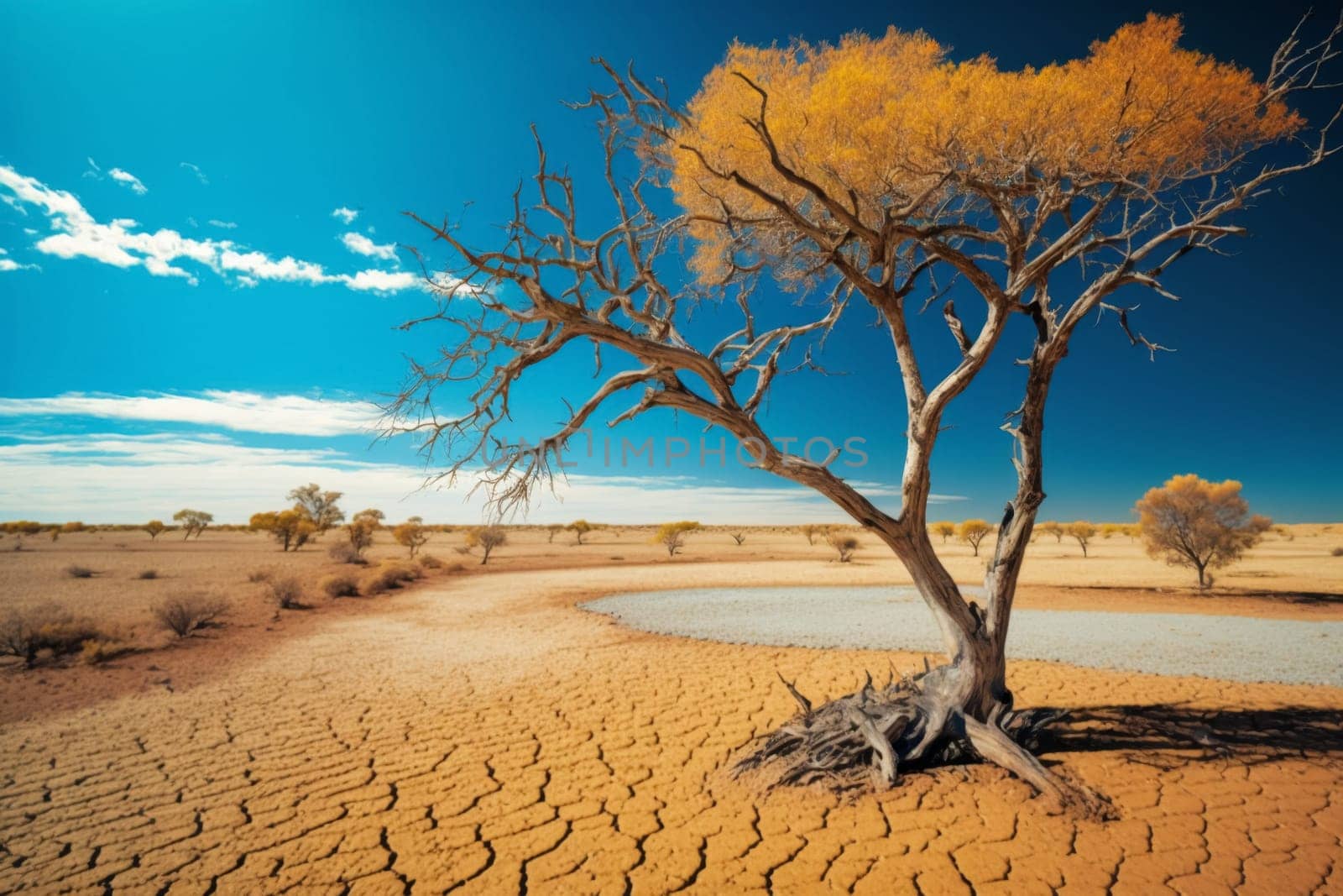 A desolate scene with a single tree standing tall amidst a cracked earth landscape under a vivid blue sky, symbolizing resilience