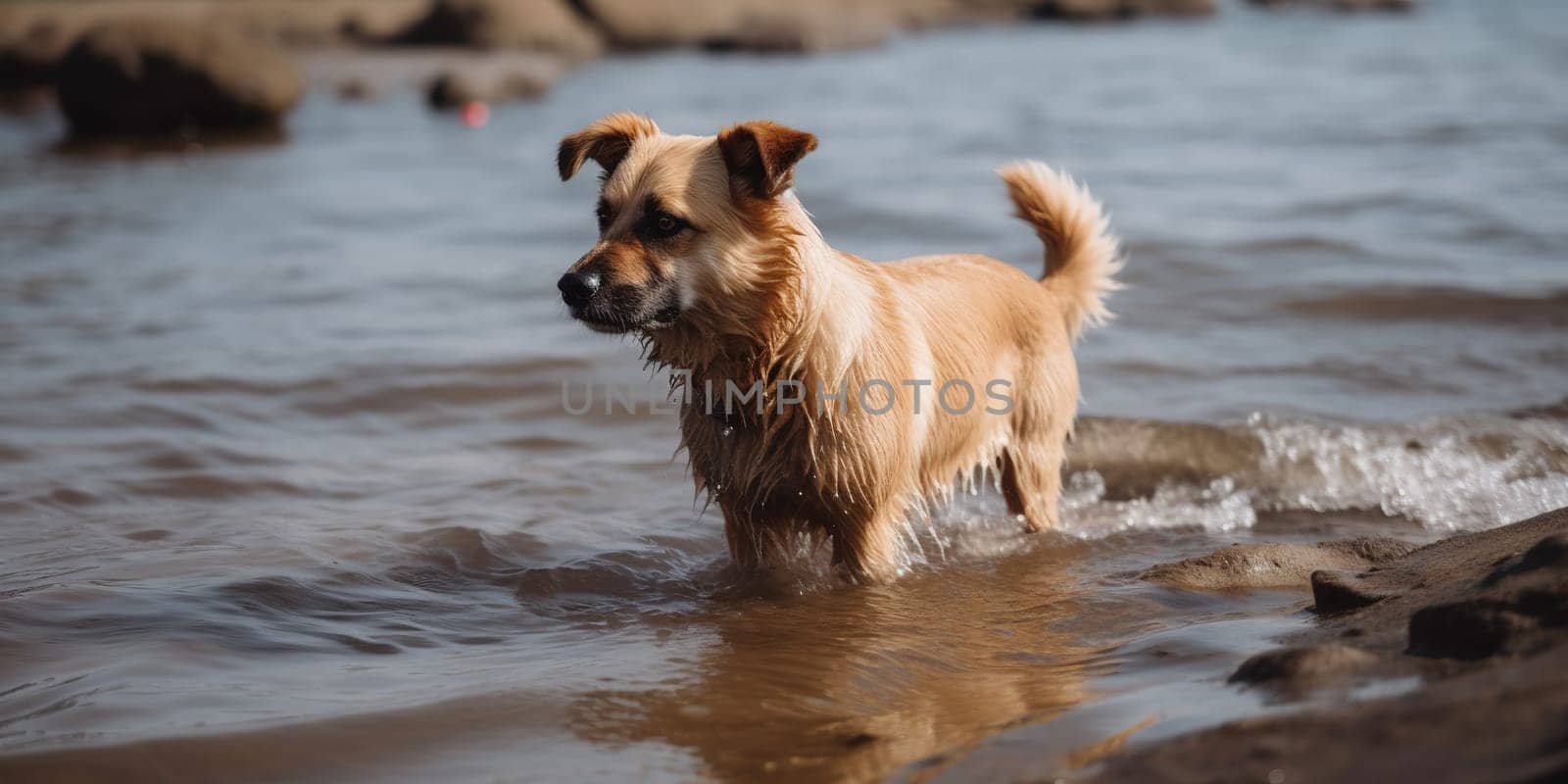 Dog swims towards shore, across ocean water, reaching beach by GekaSkr