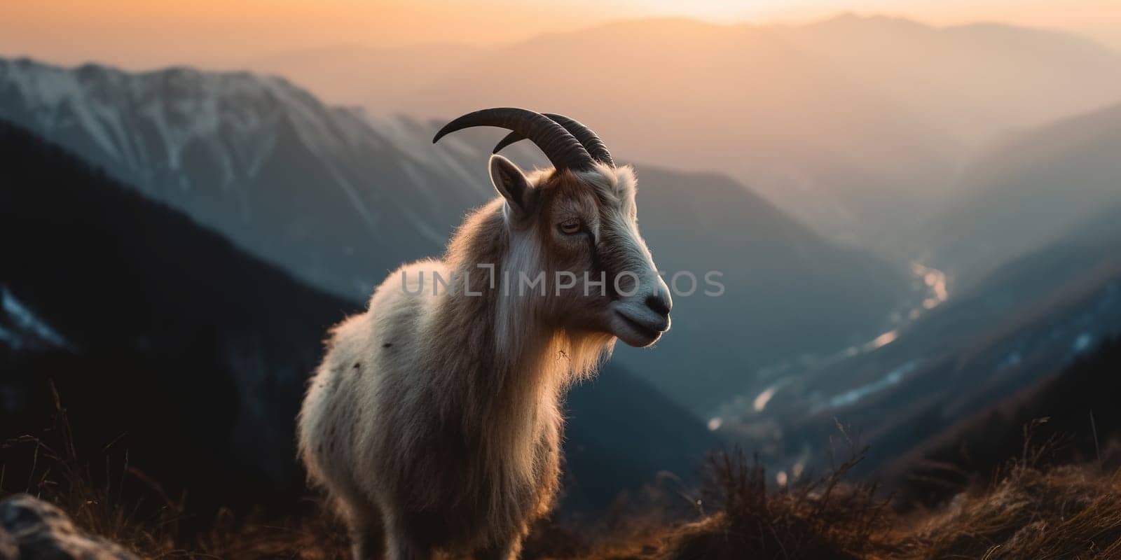 Domestic Goat On A Mountain Path In The Evening At Sunset