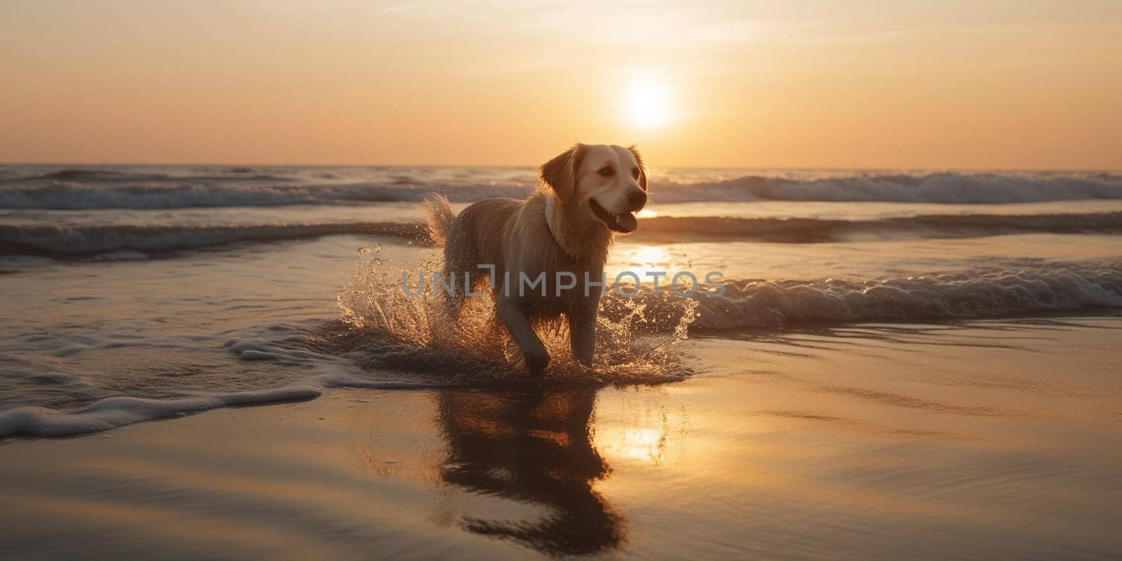 Labrador dog swimming in ocean water during sunset.