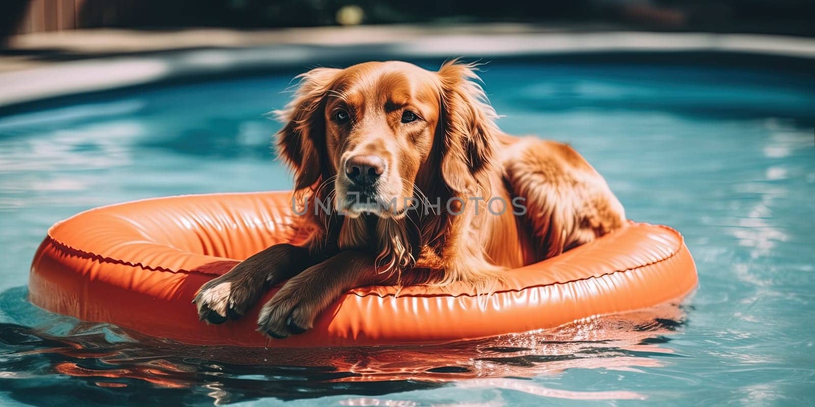 Dog enjoys swimming in pool with inflatable circle mattress on water.
