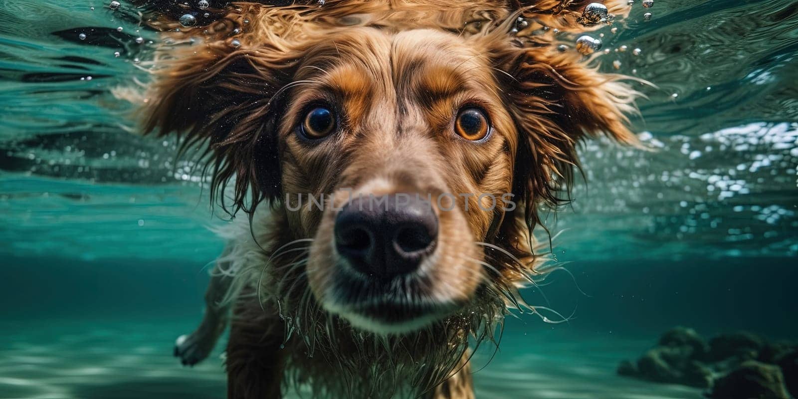 Underwater closeup captures dog swimming, muzzle surrounded by water.. by GekaSkr