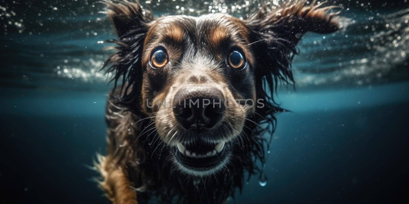 Underwater closeup reveals dog, muzzle covered in bubbles, swimming through inviting water.