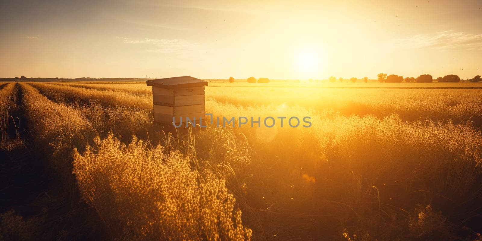 Beehive For Bees On A Sunset Field, Amazing Landscape