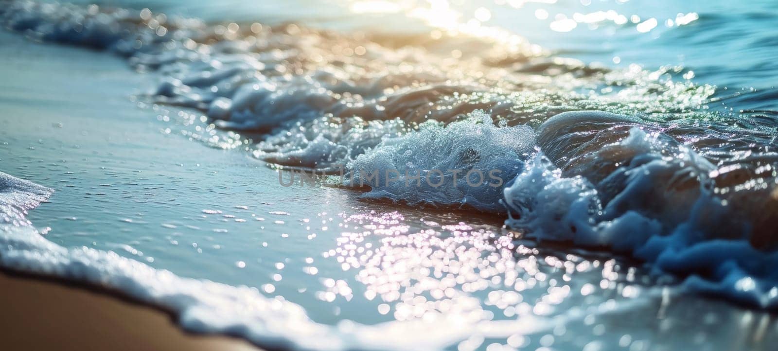 A serene seascape captures the gentle caress of waves on sunlit beach sand, a moment of calm embodied in nature's soft touch