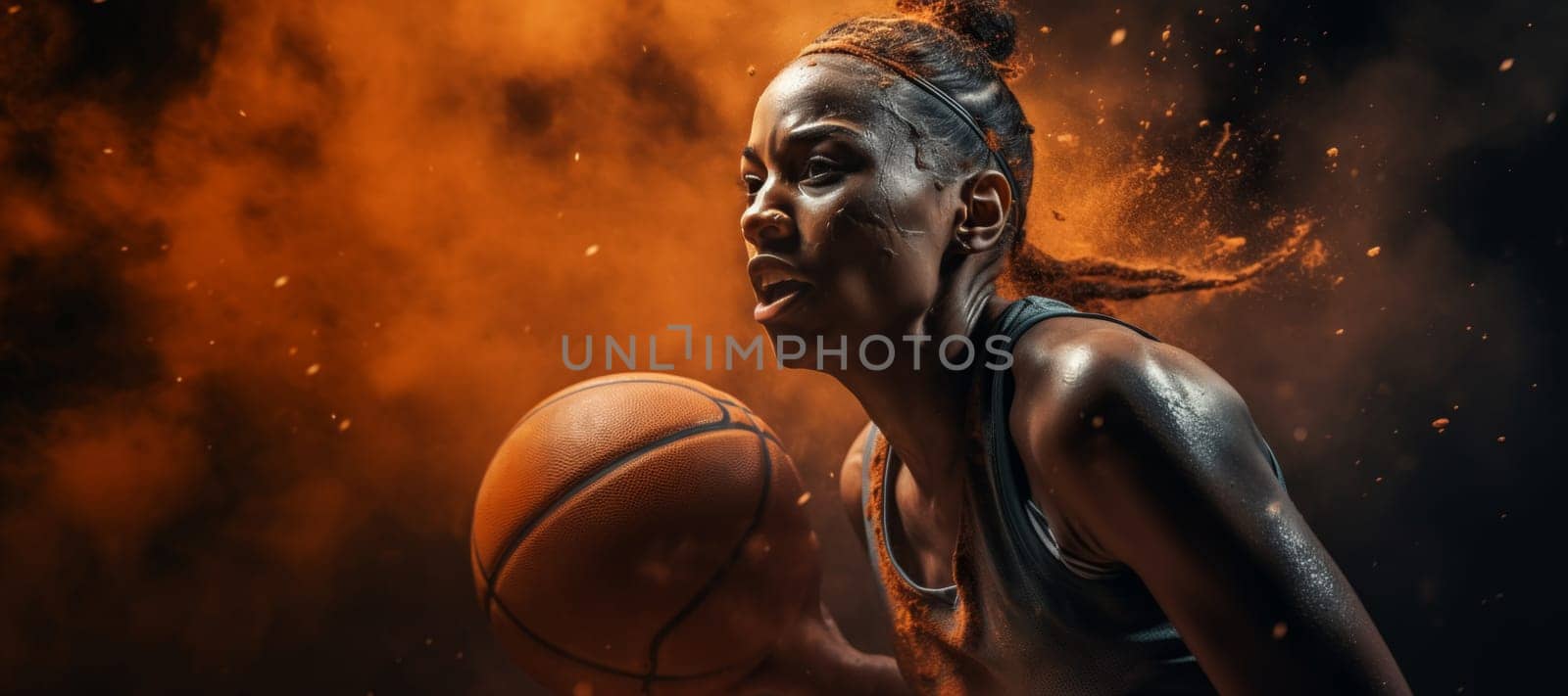 An intense moment as a female basketball player in motion exhibits concentration and skill during a game, with a striking orange fiery backdrop.