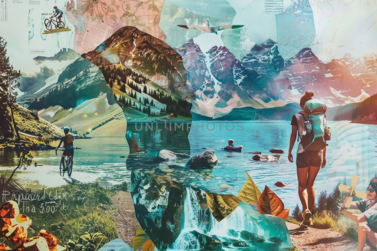 This collage art captures the essence of outdoor adventures, with scenes of cycling, hiking, and nature seamlessly blended together in a vibrant composition