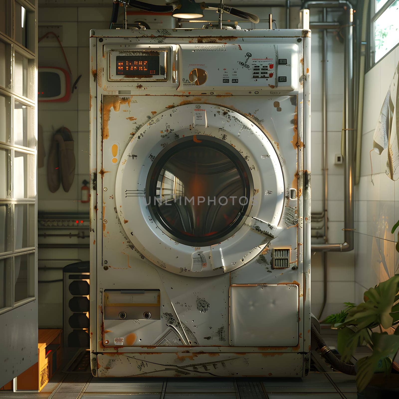 A filthy washing machine, comprised of a steel circle and rectangle, features a digital display reading 1212. It may need maintenance or repair by engineering and plant professionals