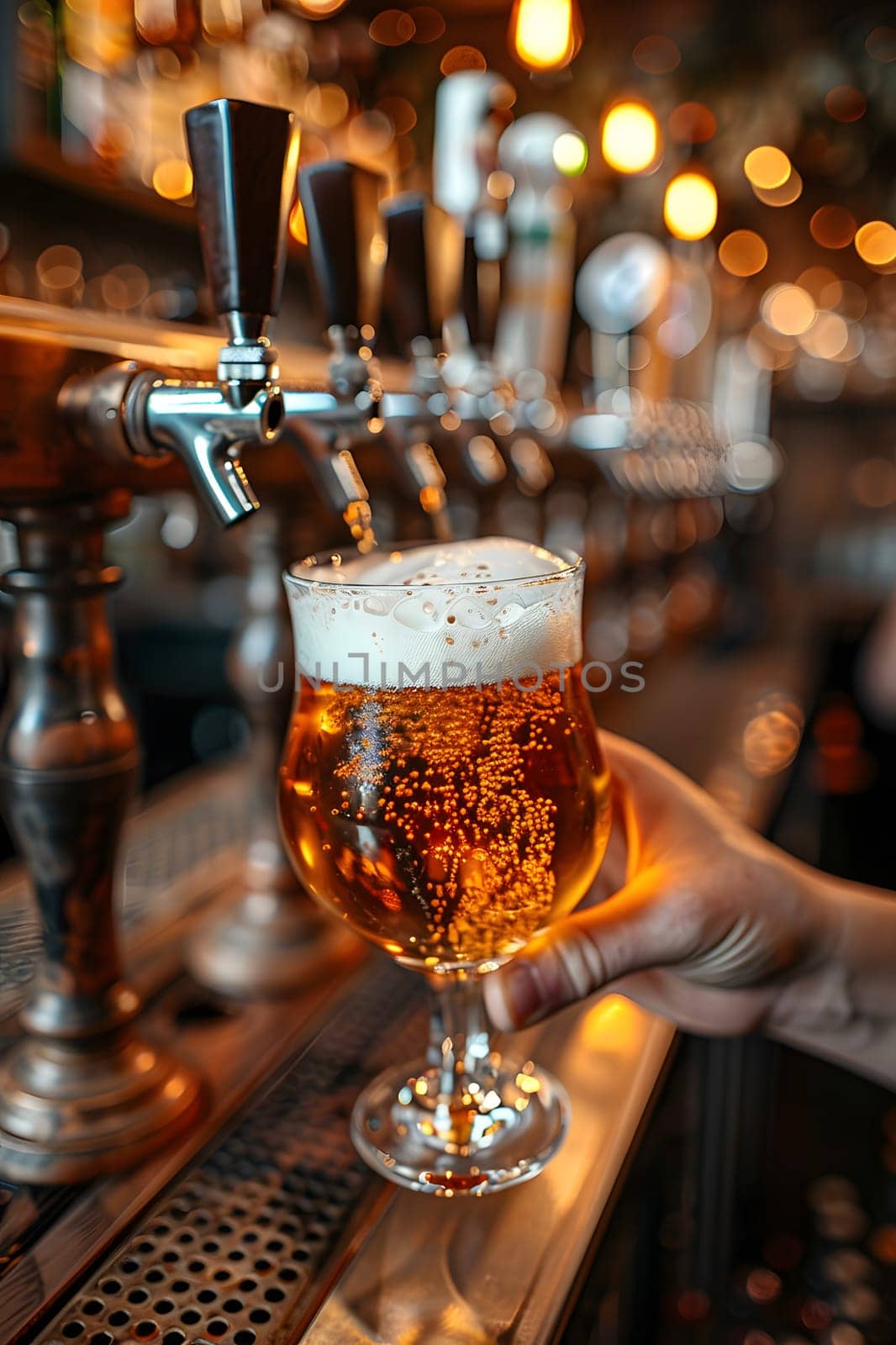 A person is pouring amber beer into a beer glass at a bar. The stemware reflects the alcoholic beverage beautifully, creating a cozy atmosphere in the drinking establishment