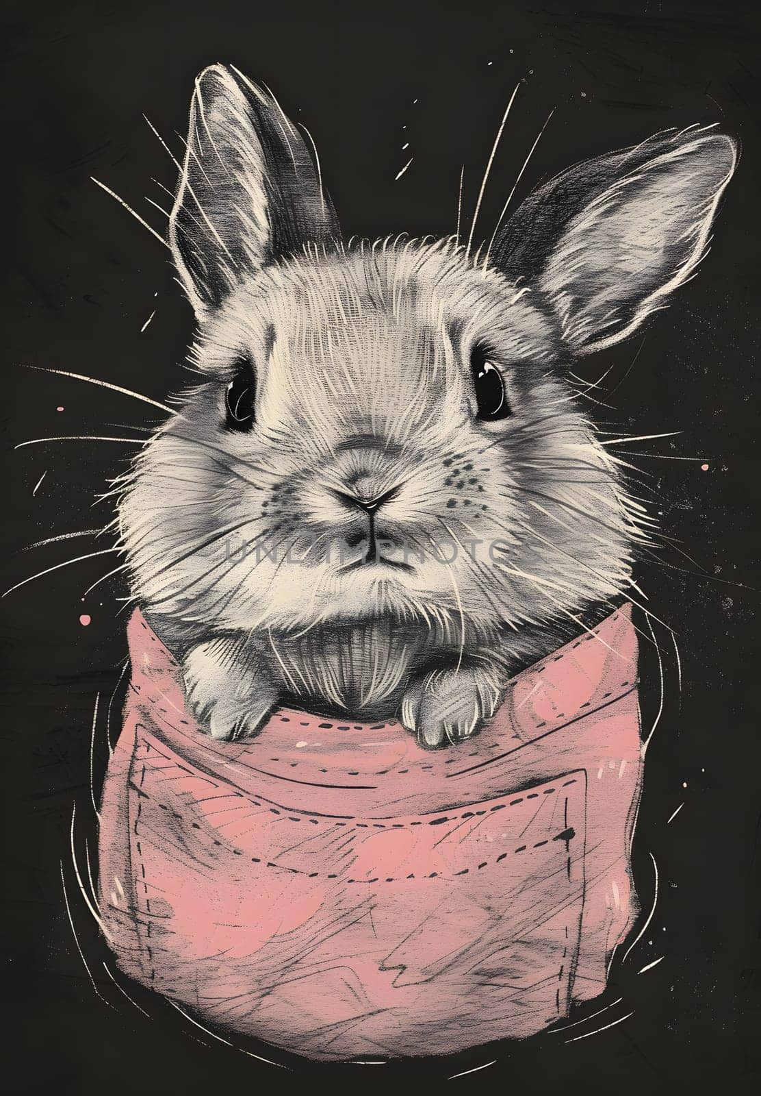 A rabbit with long ears and whiskers is comfortably sitting in a pink pocket against a black background, showcasing the beauty of this domestic rabbit organism in an artful composition