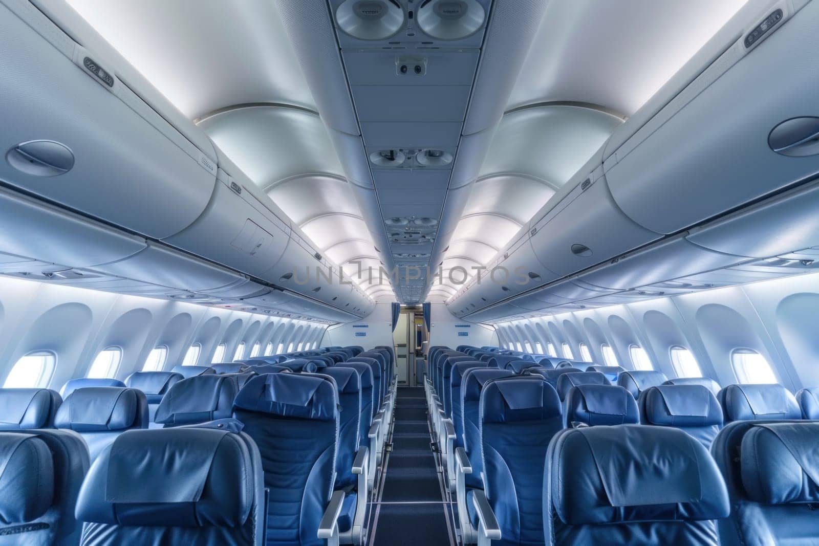 The inside of an airplane is empty and mostly blue by golfmerrymaker