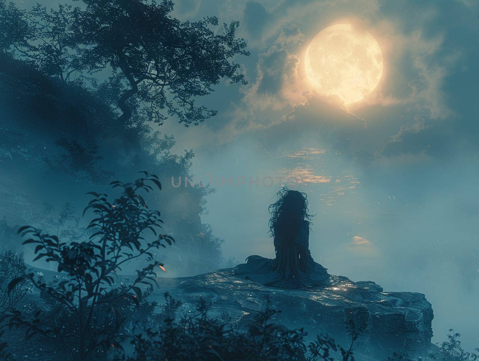 Moonlit figure created with digital brushes, blending photorealism and fantasy elements.