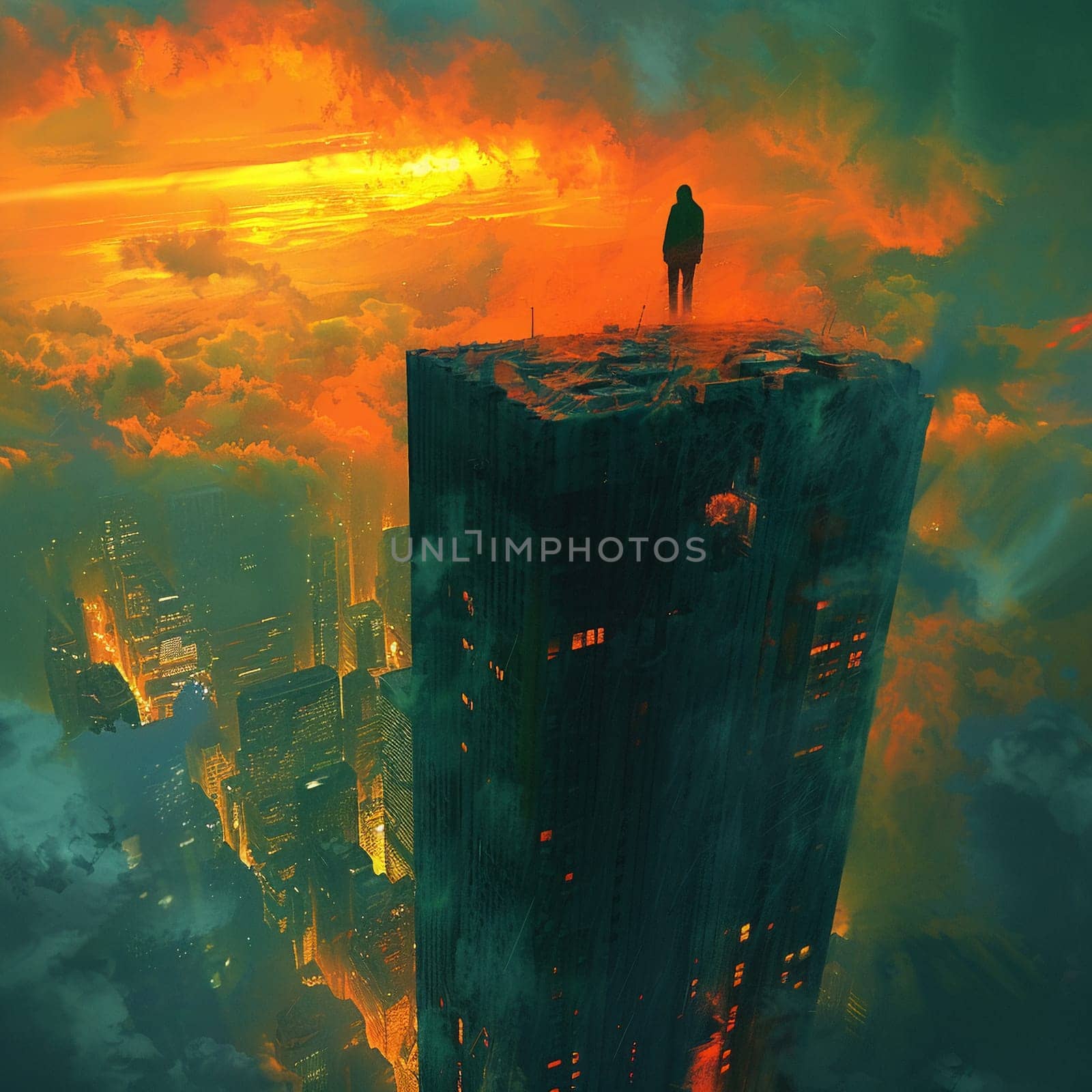Figure atop a skyscraper painted with a dynamic perspective and dramatic chiaroscuro in digital art.