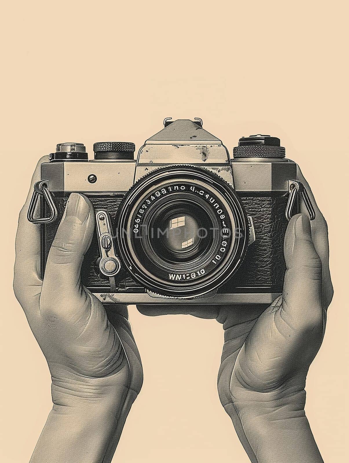 Hands holding a vintage camera, illustrated in a sepia-toned style evoking nostalgia and history.