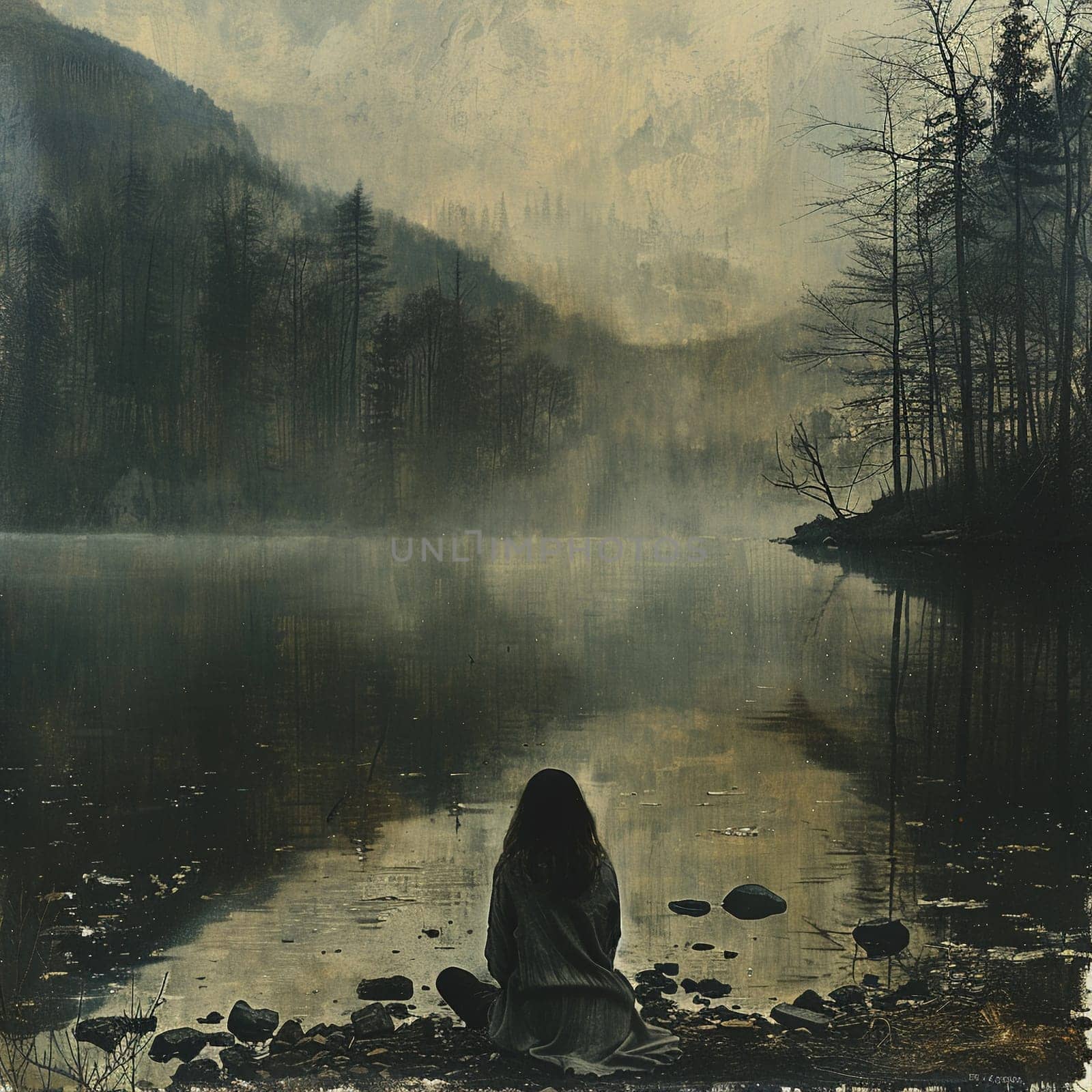 Contemplative wanderer by a placid lake, the still waters echoing silent thoughts.