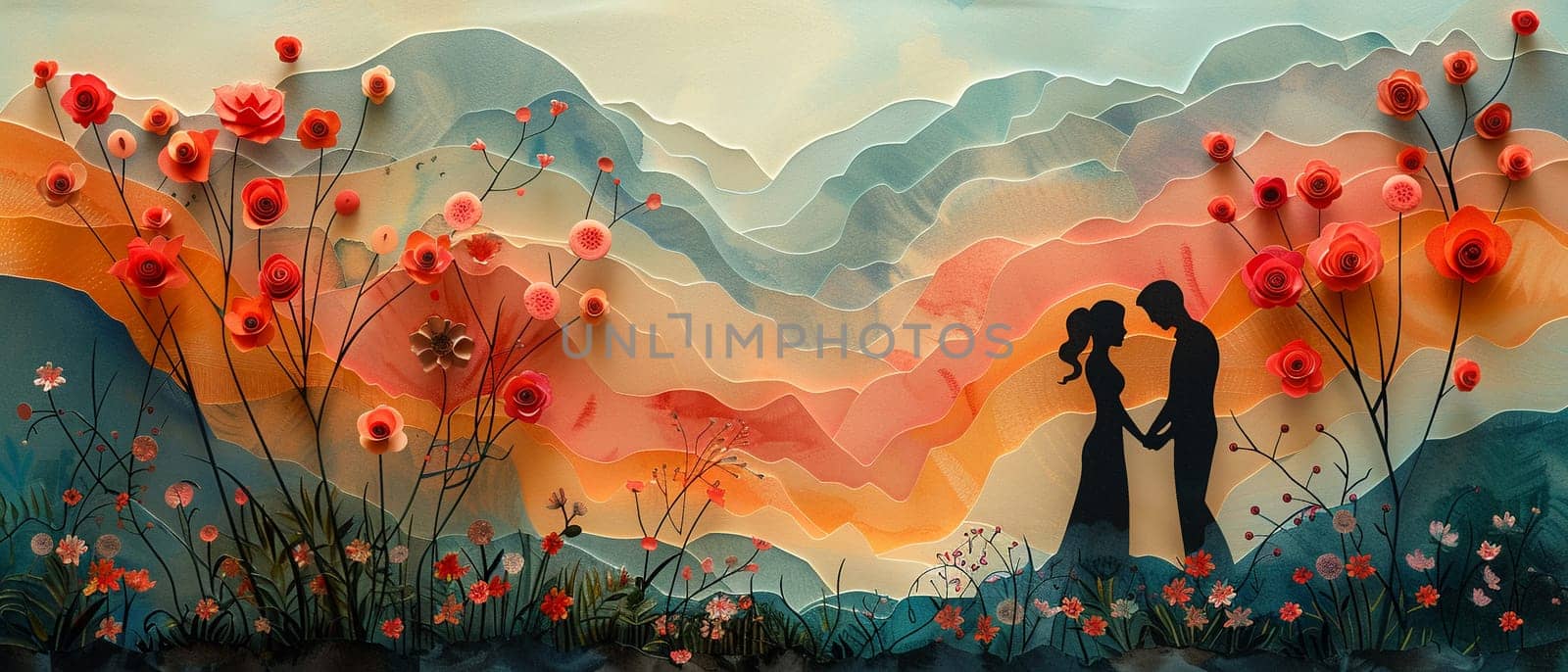 Romantic couple's silhouette in a paper cut-out style, set against a whimsical, pastel-colored landscape.