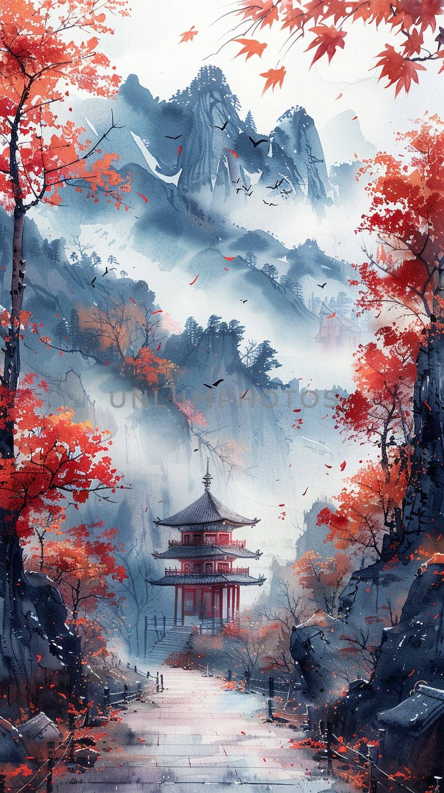 Fog-wrapped path to a shrine depicted in a misty, ethereal palette of watercolors.