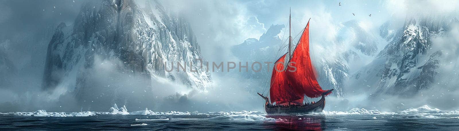 Viking longship navigating icy waters, depicted with a Norse art style and cold, bracing colors.