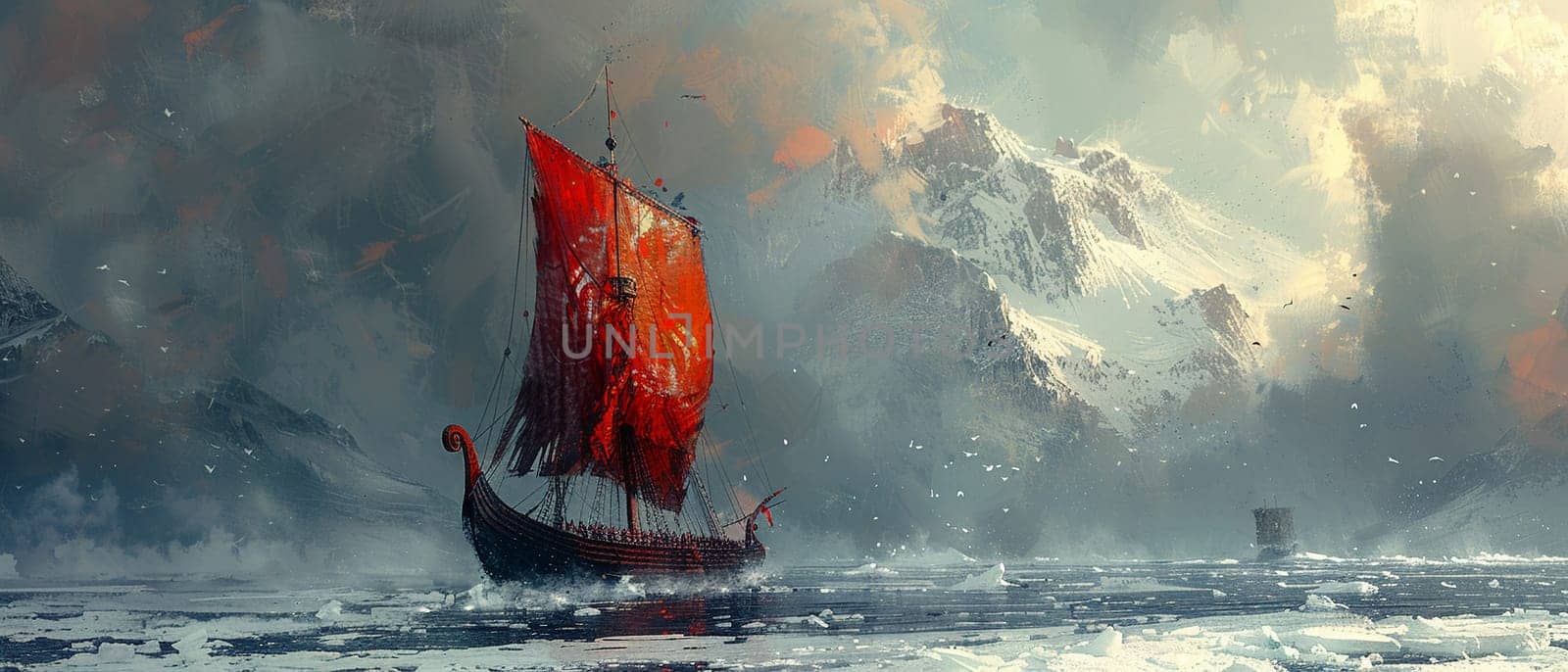 Viking longship navigating icy waters, depicted with a Norse art style and cold, bracing colors.