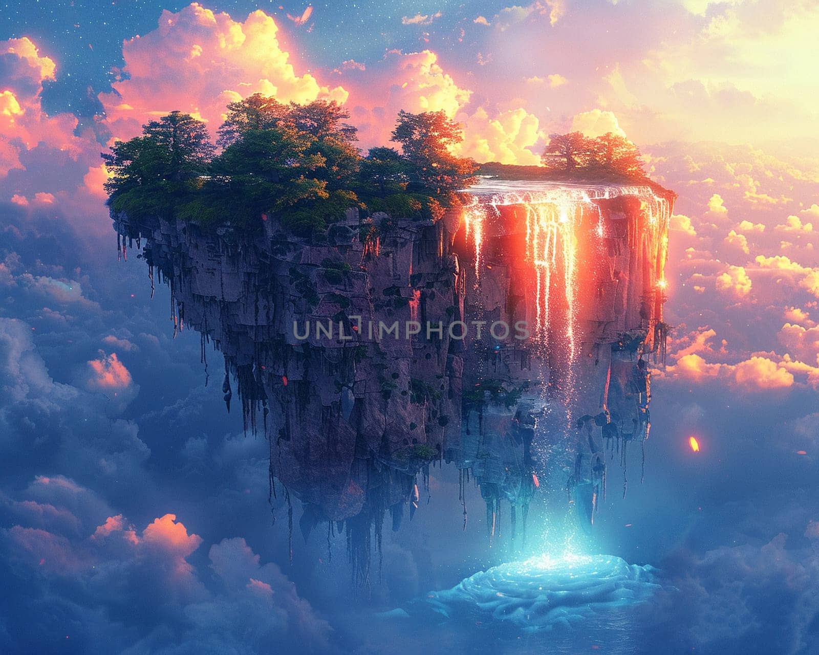 Surreal floating island with a cascading waterfall, illustrated in a dreamy and imaginative style.