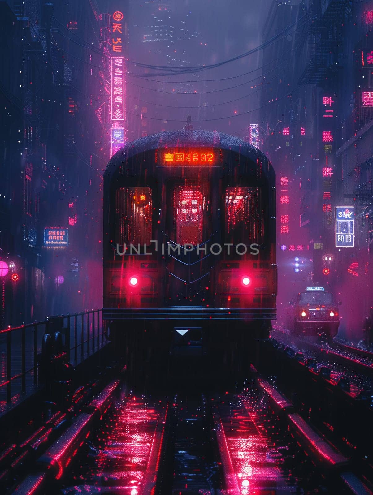 Night train arrival captured in a futuristic, Blade Runner-inspired neon palette and atmospheric detail.