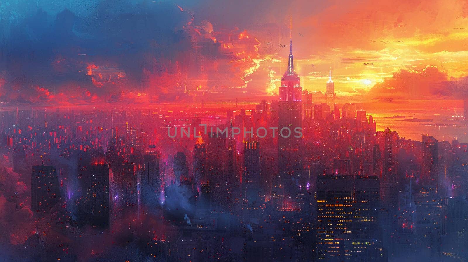 City overlook rendered in an expressive painterly style by Benzoix