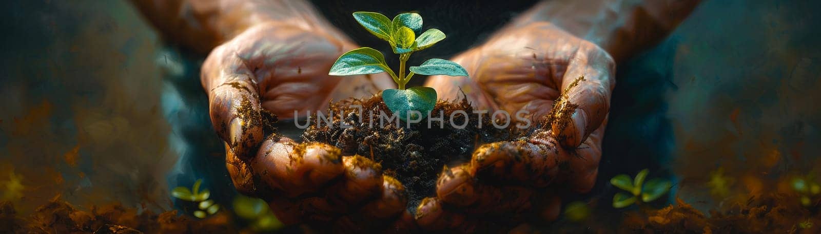 Gardener's hands nurturing a growing seedling, painted with a focus on texture and the green of life.