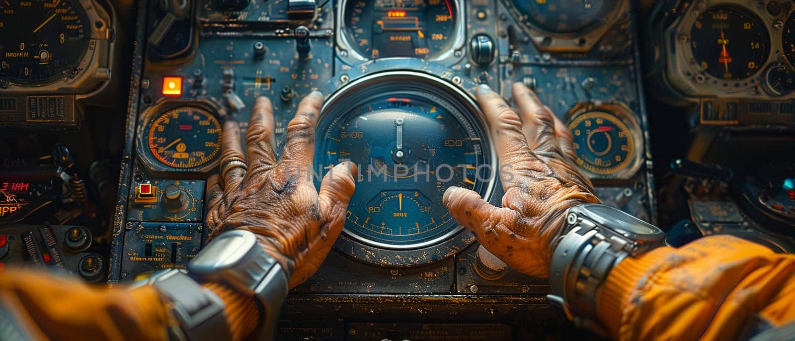 Pilots hands on an aircraft cockpit controls by Benzoix