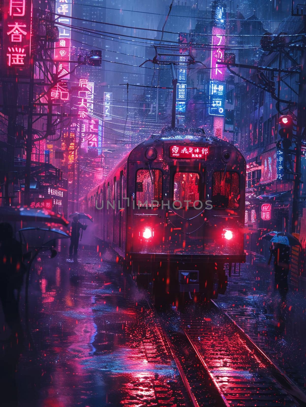 Night train arrival captured in a futuristic, Blade Runner-inspired neon palette and atmospheric detail.