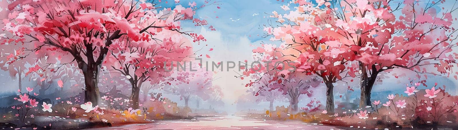 Cherry blossom avenue depicted with delicate watercolor washes creating a dreamlike ambiance.
