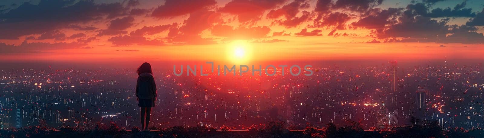Dreamer's silhouette against a sunset city, the horizon blurring into a realm of possibilities.