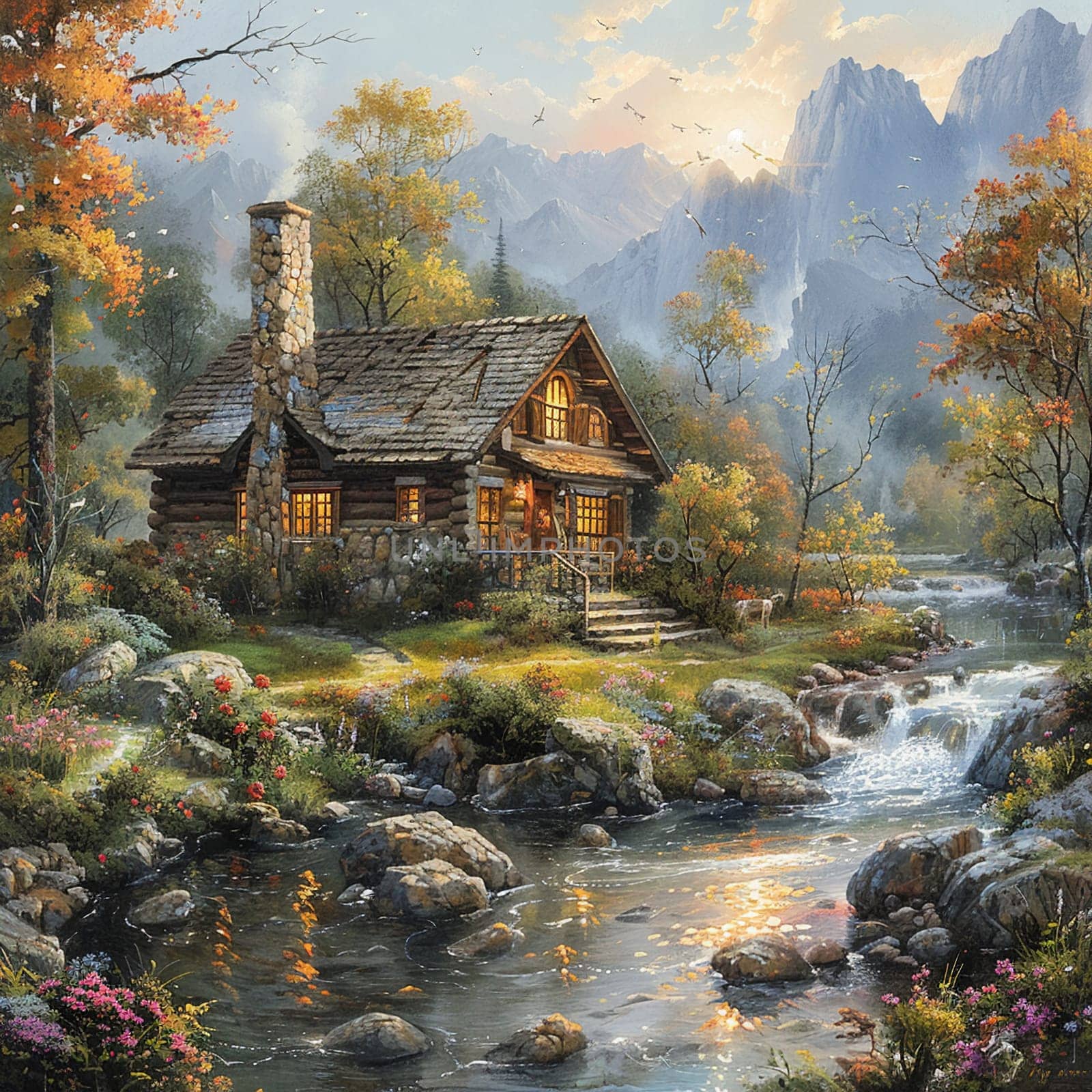 Rustic cabin in the woods depicted with a Thomas Kincade-like focus on light and idyllic settings. by Benzoix