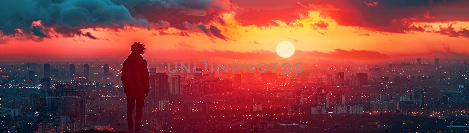 Dreamers silhouette against a sunset city by Benzoix