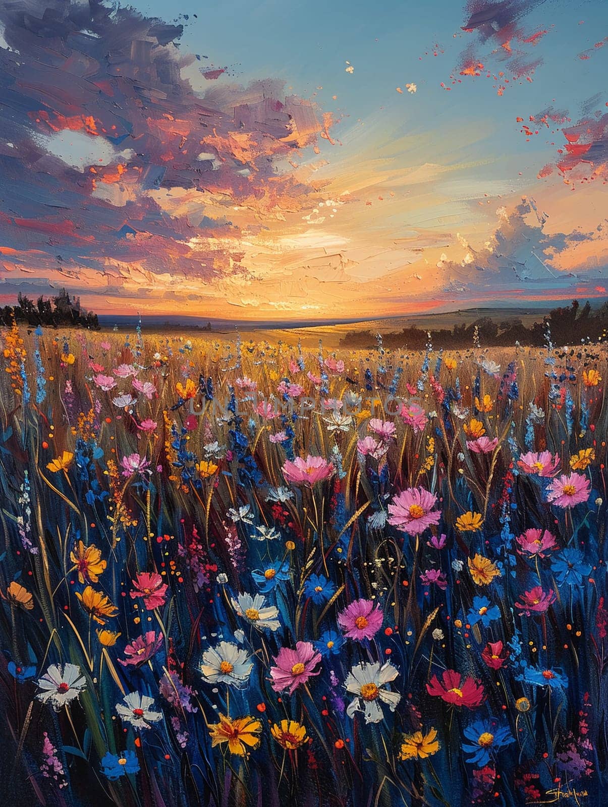 Wildflower meadow at dawn painted with a fresh, vibrant palette, capturing the essence of spring.