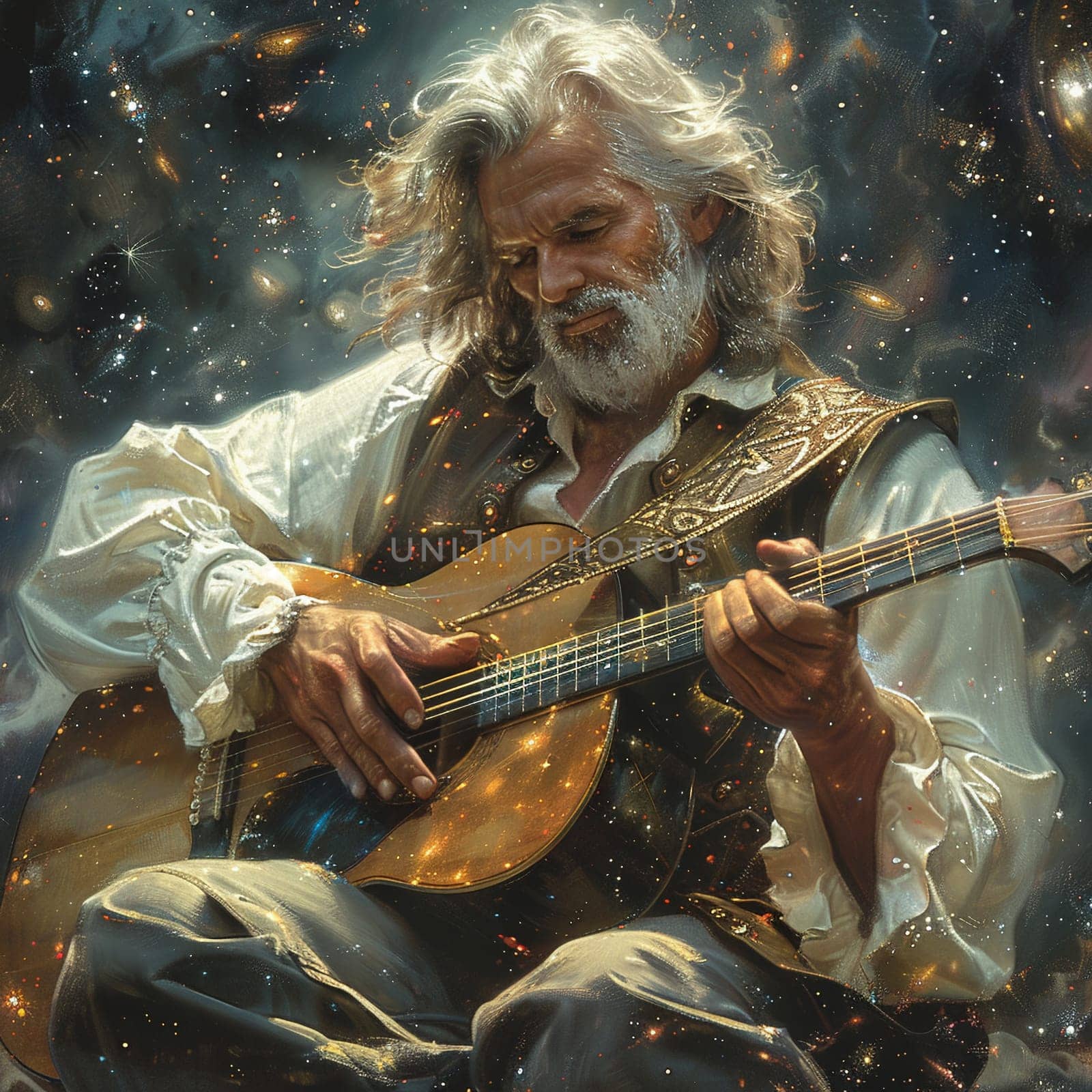 Bard strumming the strings of a starlight lyre, the melody a constellation of sound.