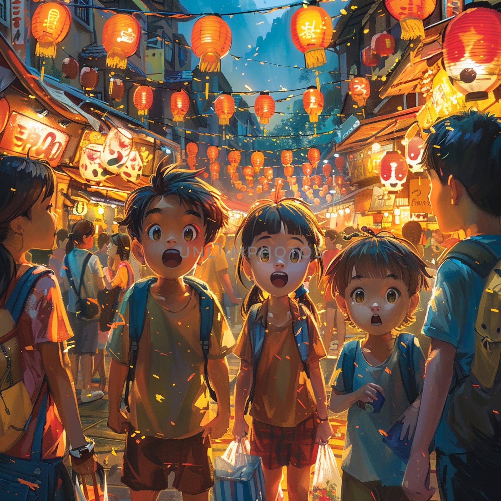 Night market excitement rendered in a lively, cartoon-style with exaggerated expressions and fun details.