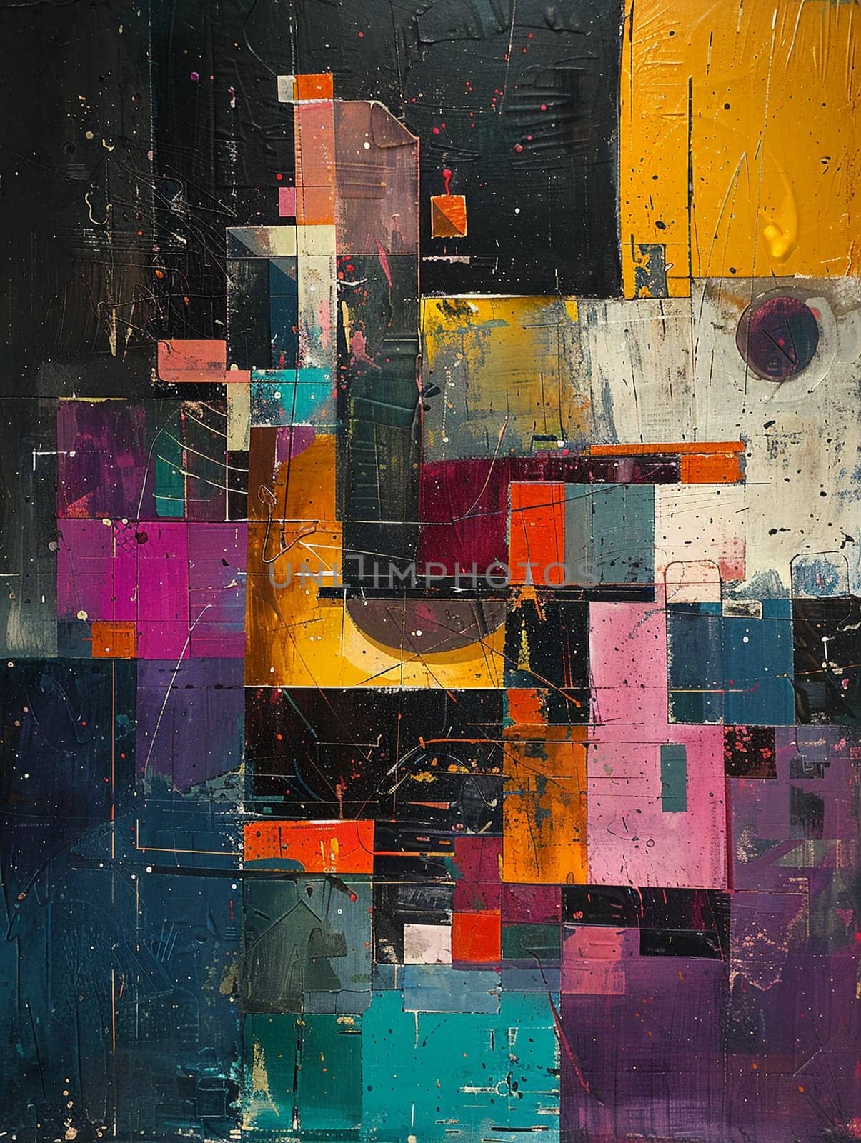 Artist's studio chaos painted in a dynamic, cubist style, with bold colors and abstract shapes.