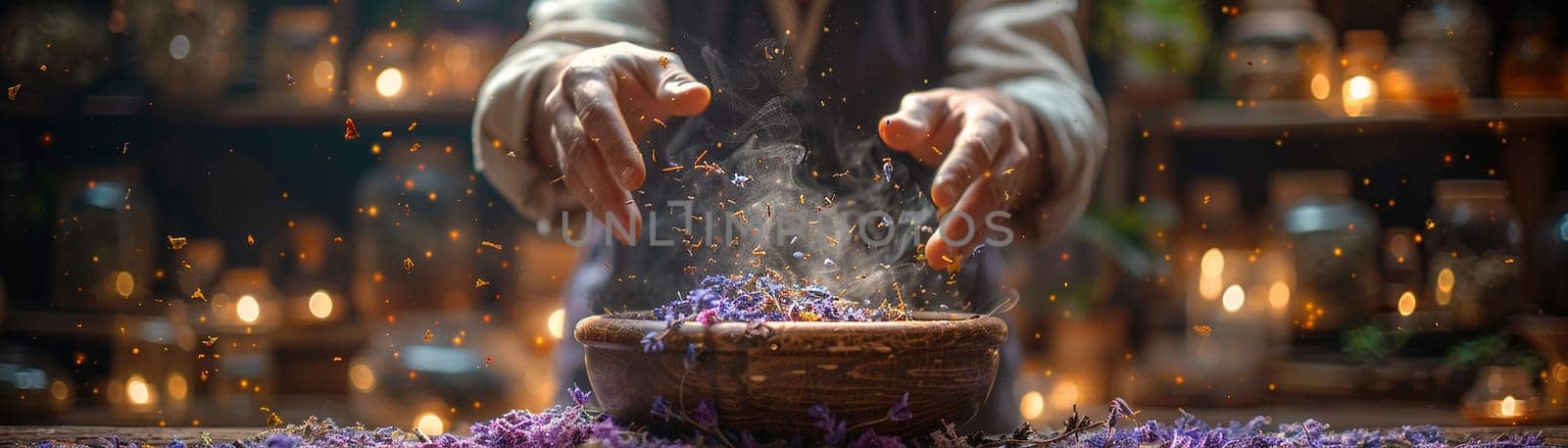 Potion masters hands grinding magical herbs by Benzoix
