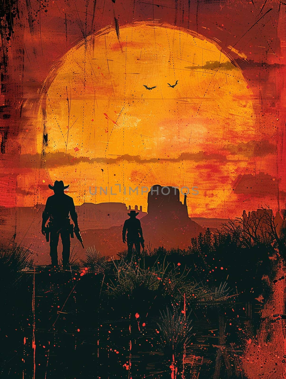 Wild west showdown, illustrated with a gritty comic book style and a dusty, sunset palette.