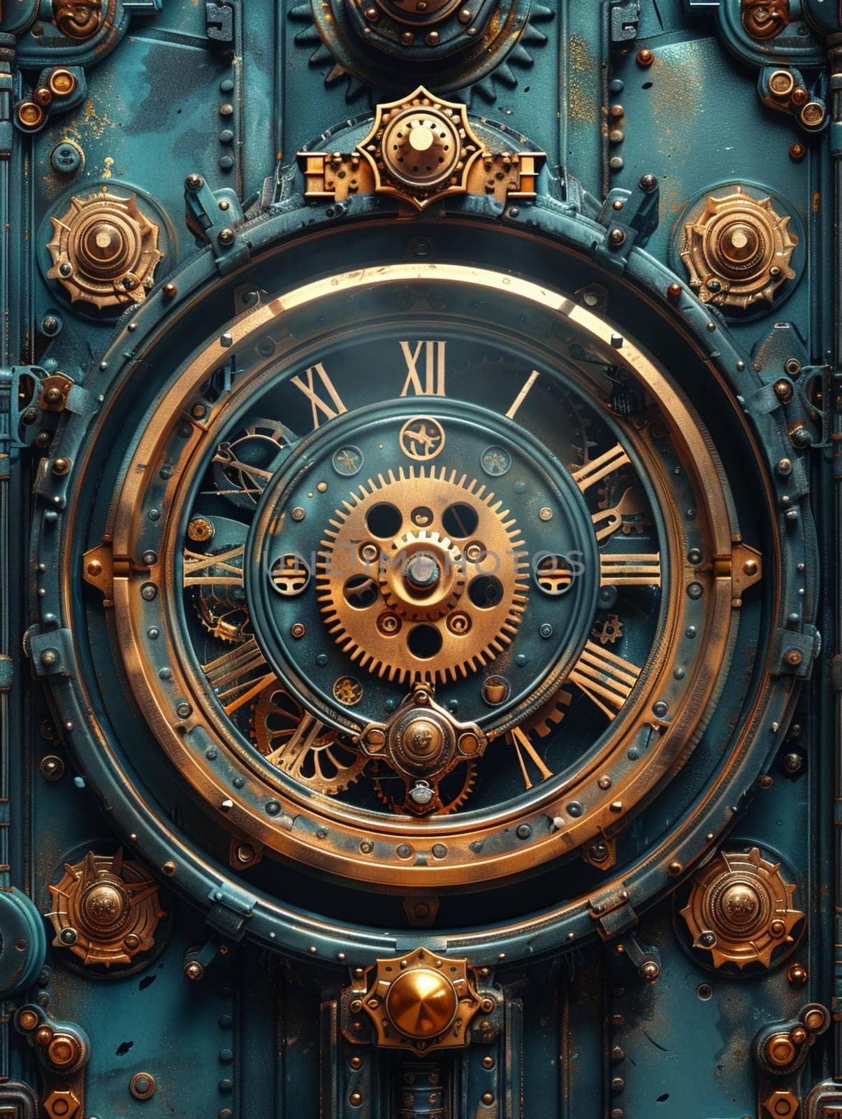 Ornate clockwork mechanism detailed in a steampunk illustration style with metallic sheen and gears.