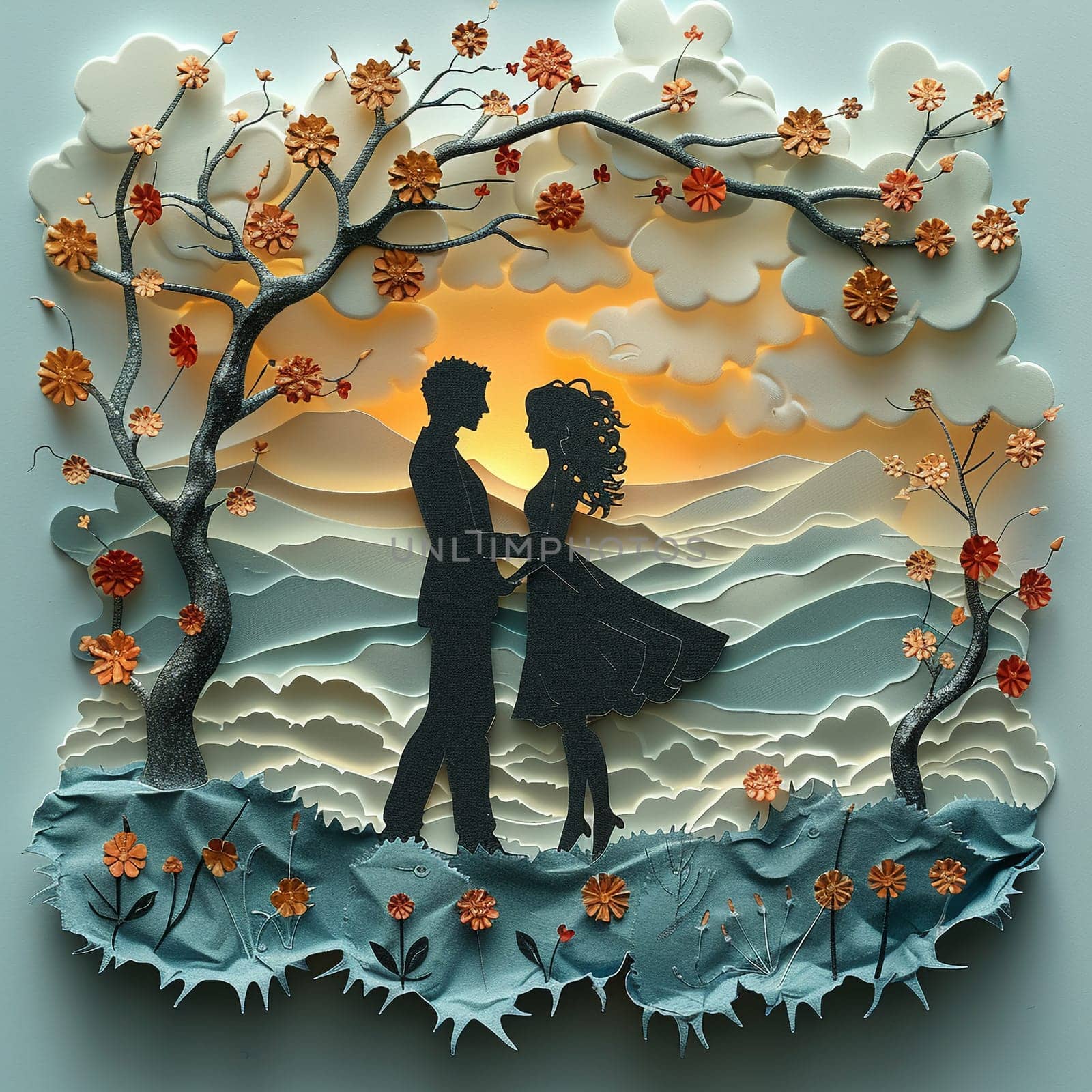 Romantic couples silhouette in a paper cut-out style set against a whimsical by Benzoix