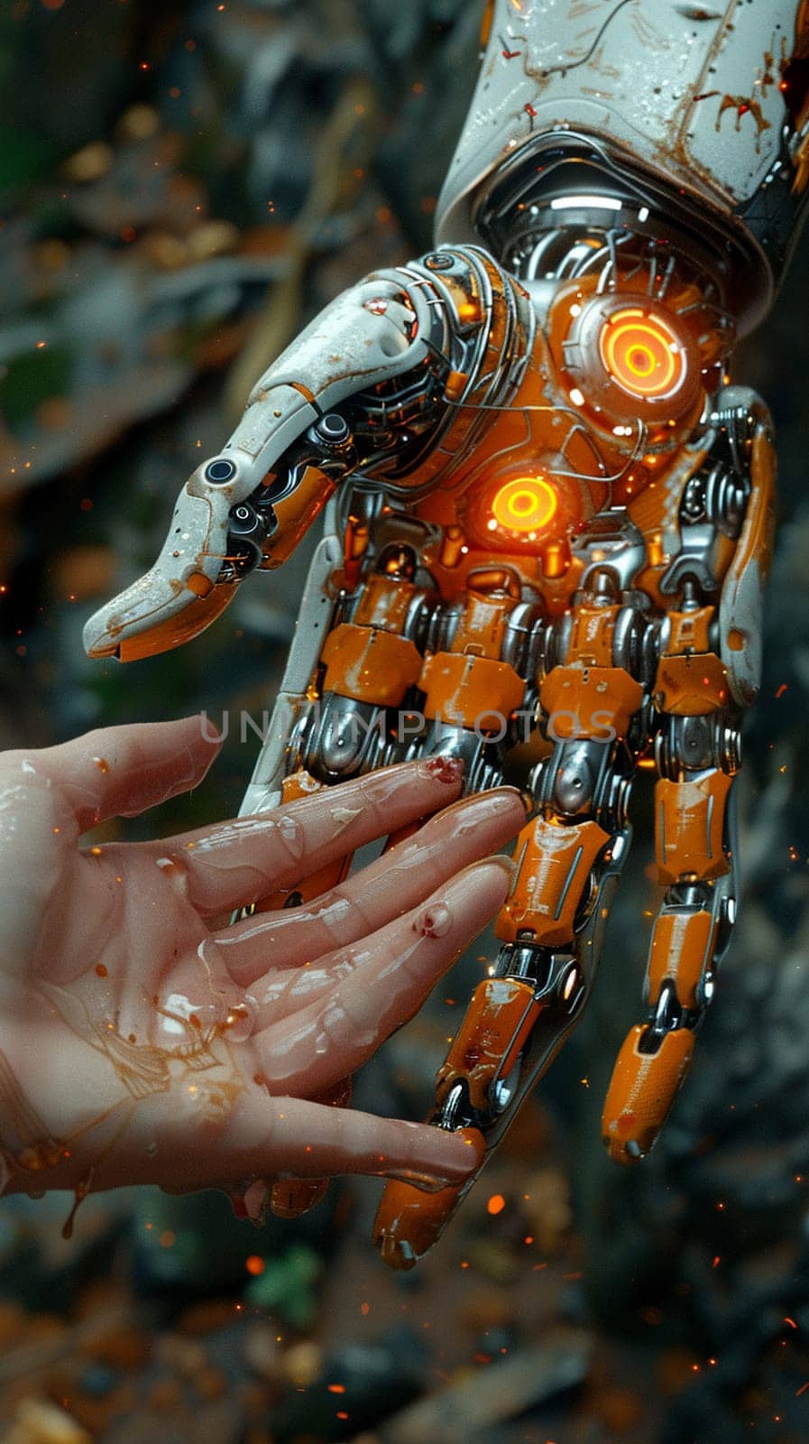 Robot's hand reaching out to a human, depicted in a 3D style exploring the bond between man and machine.