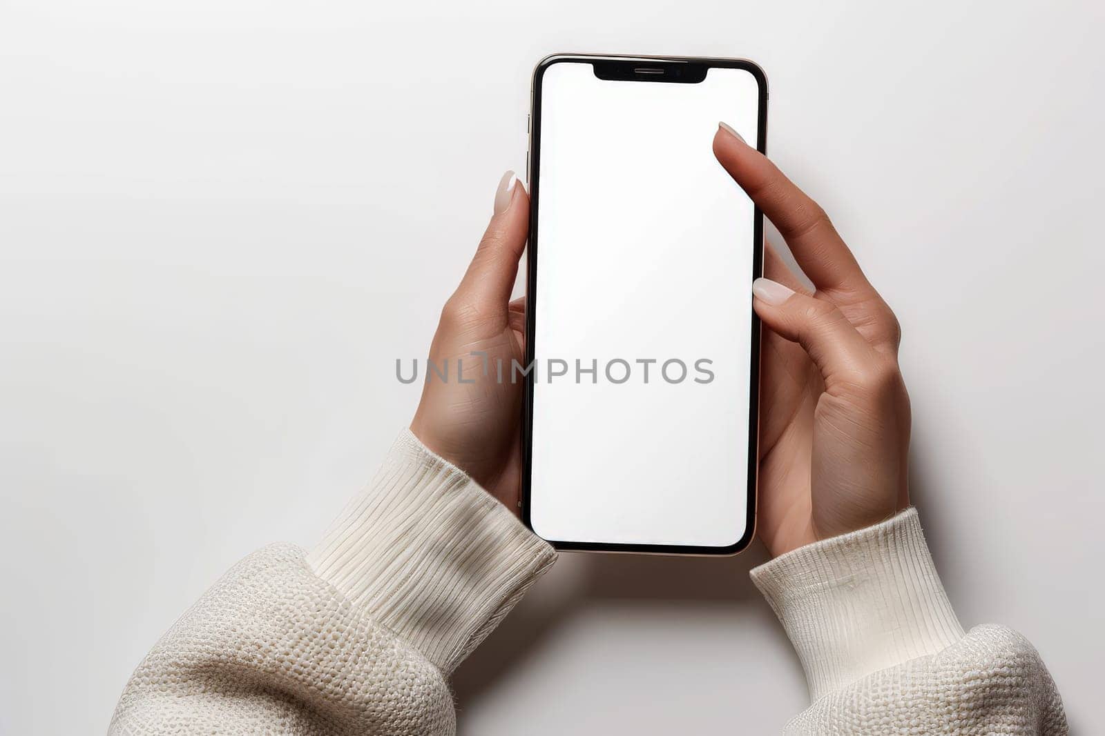 hand woman playing smart phone with Blank advertising mockup screen for advertainment. generative AI..