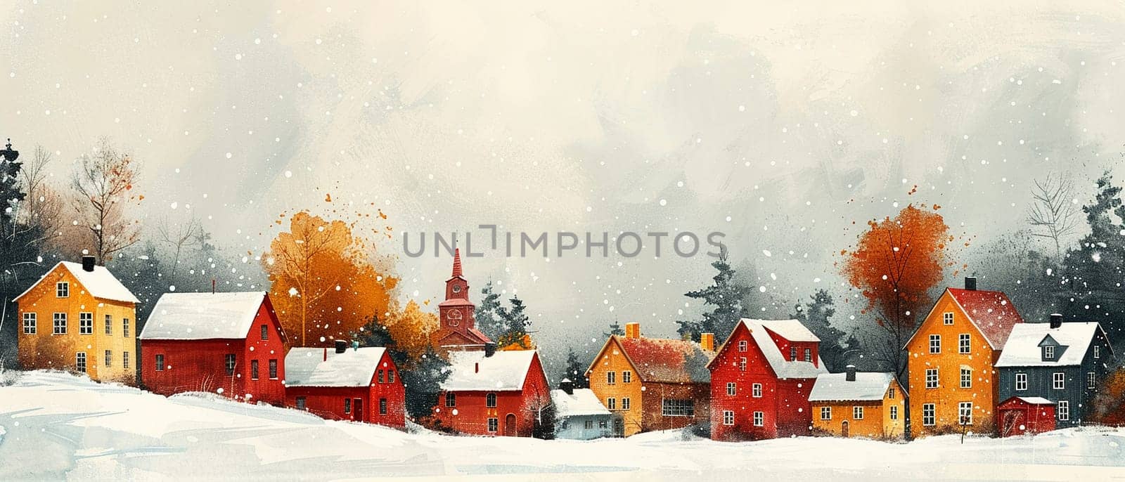 Peaceful snowfall in town created in a minimalist Scandinavian design style by Benzoix