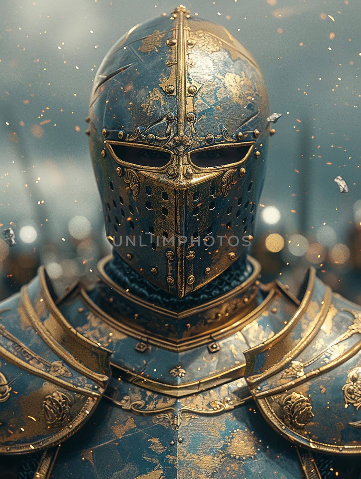 A knight's shining armor detailed in a 3D render, reflecting a tumultuous sky and a looming battle.